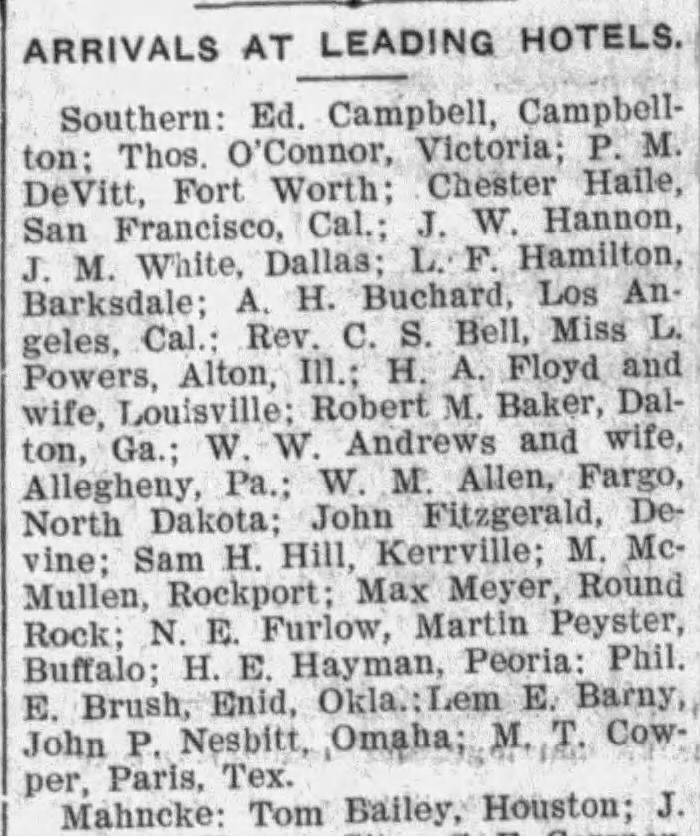 “Arrivals at leading hotels” clip listing H. E. Hayman, Peoria, at the Southern — San Antonio Light, 17 Jan 1905, page 5