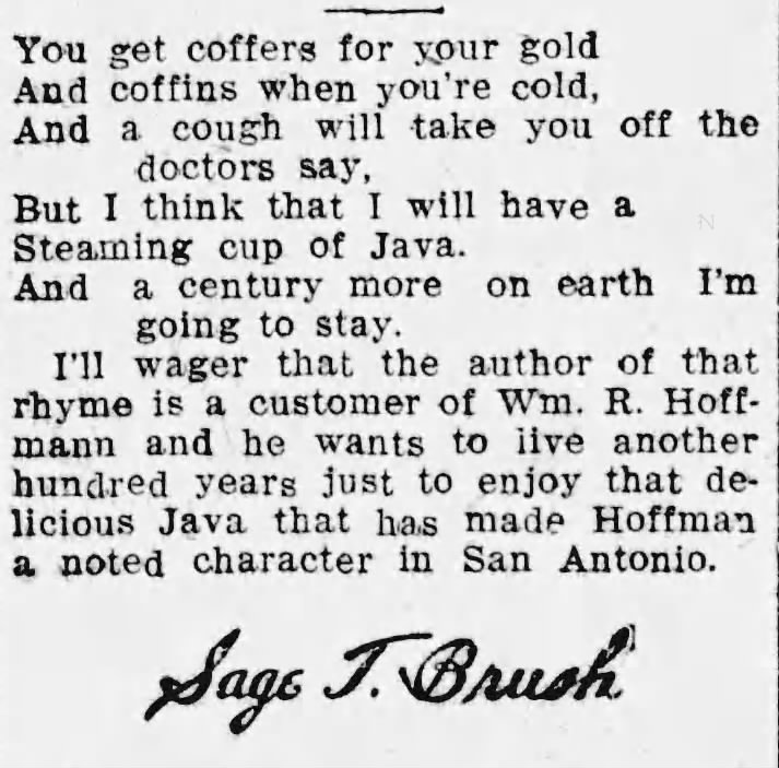 Verse and “Sage T. Brush” tag — Hoffmann coffee mention; San Antonio Light, 1 Jun 1908, page 2