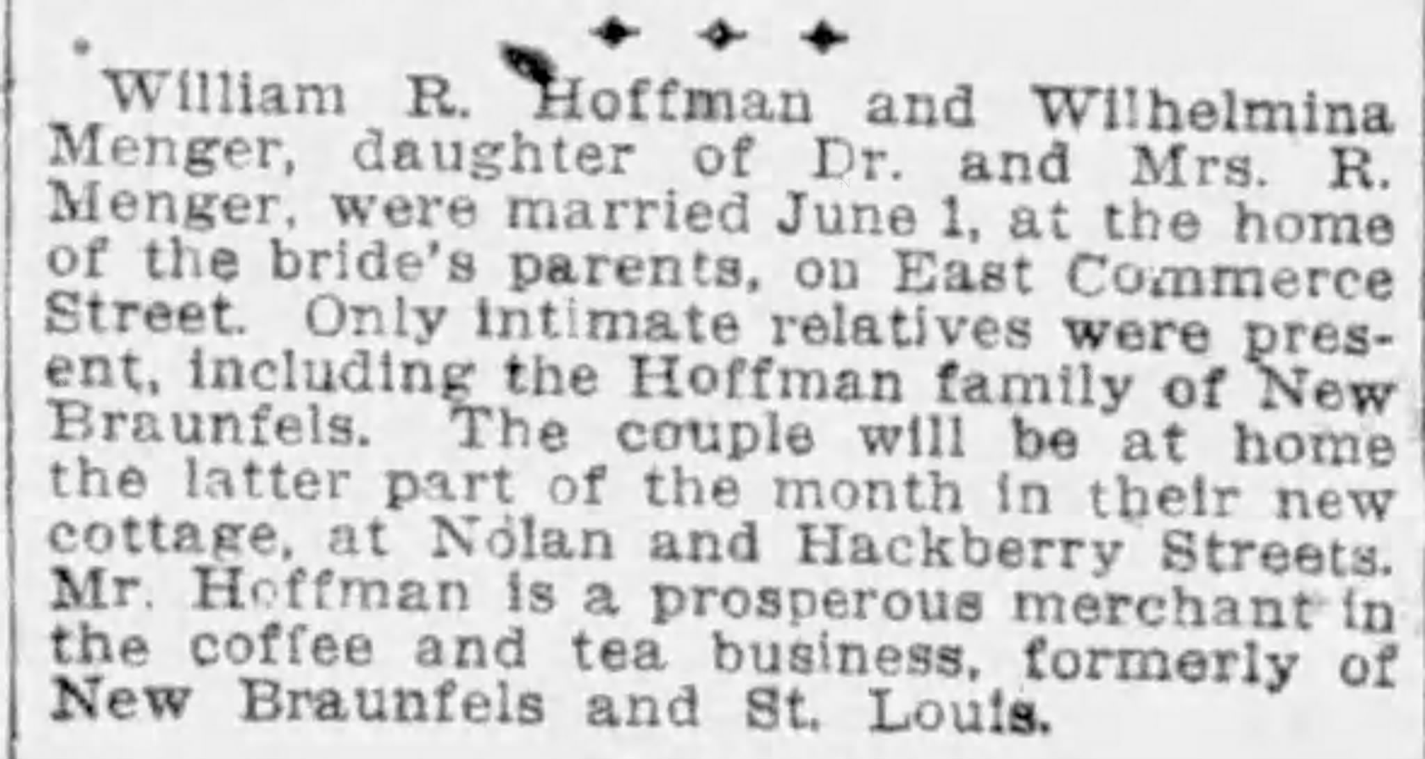 Newspaper society item: Hoffman–Menger wedding, Commerce Street, Nolan and Hackberry cottage — *San Antonio Express-News*, 6 Jun 1909, p. 30