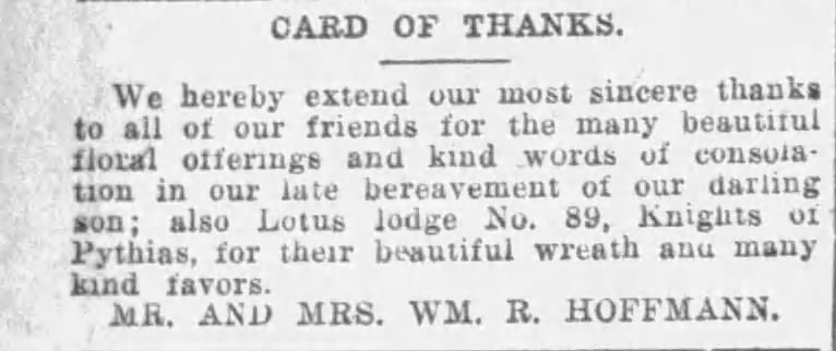Card of thanks signed Mr. and Mrs. Wm. R. Hoffmann; San Antonio Light, 20 Jan 1911, page 18