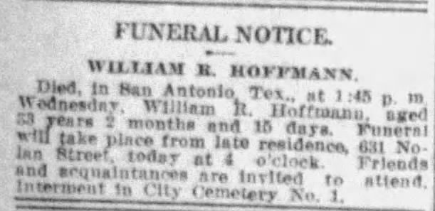 Newspaper funeral notice: William R. Hoffmann — 631 Nolan Street, City Cemetery No. 1 — *San Antonio Express-News*, 11 Jan 1912, p. 14