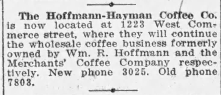 Notice — Hoffmann-Hayman at 1223 West Commerce; San Antonio Light, 11 Feb 1912, page 9