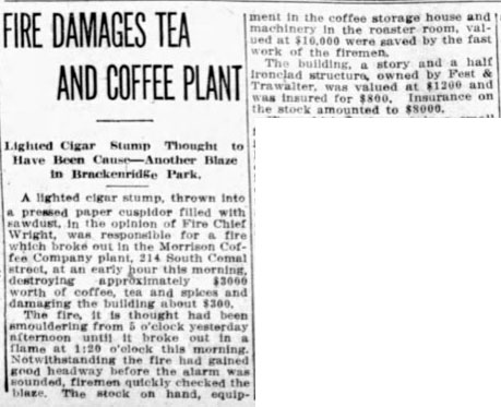 San Antonio Light clipping — fire at Morrison Coffee Co., 13 August 1913