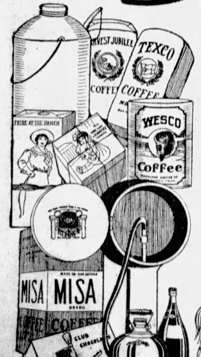 1914 Express-News clip — Misa carton or crate panel with Wesco and Texco in Morrison Coffee product ink drawings