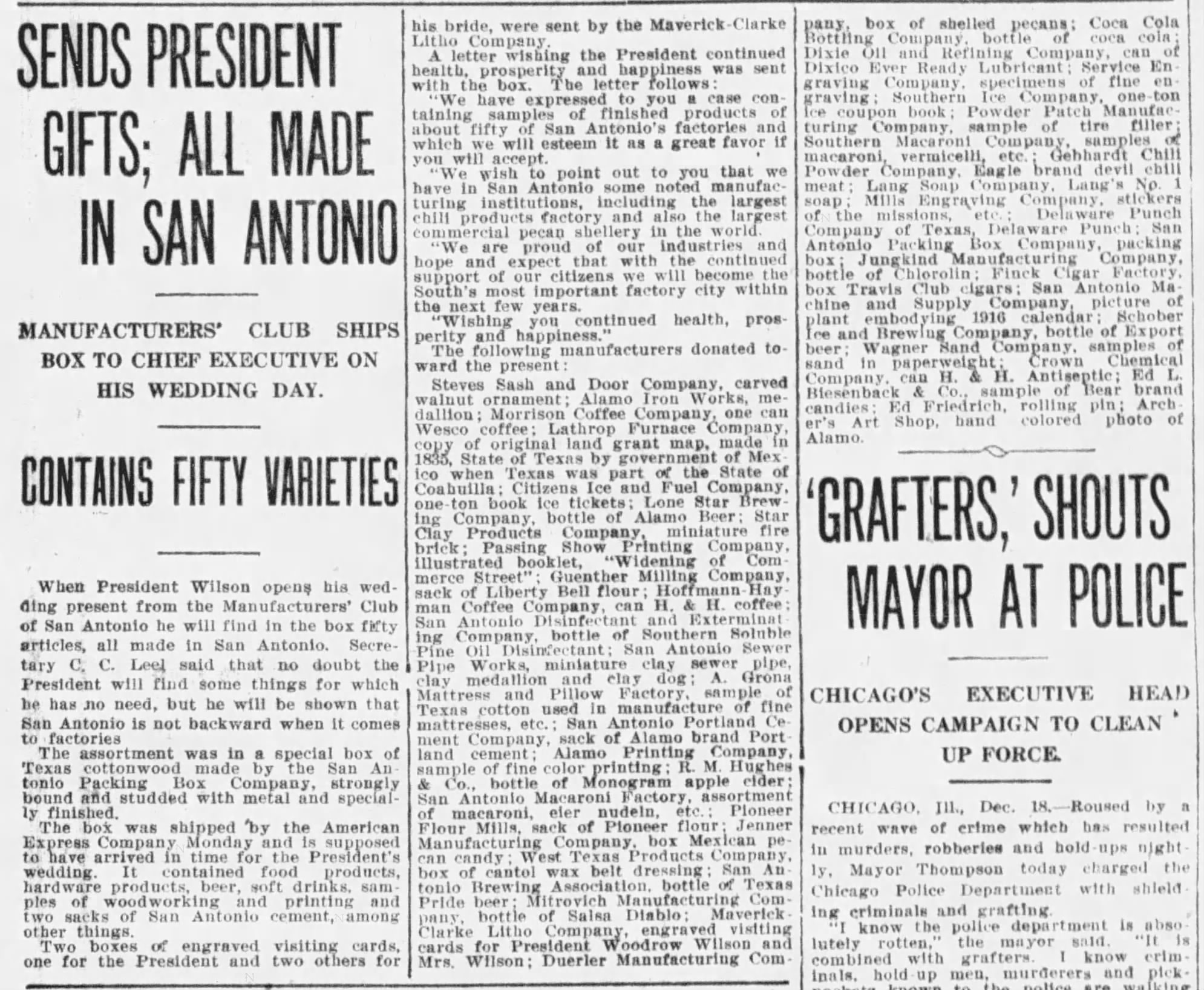 “Sends President gifts; all made in San Antonio” — Manufacturers’ Club article columns, 19 Dec 1915 Express-News