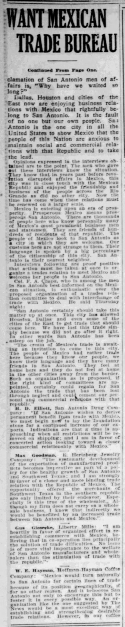 “Want Mexican trade bureau” — continued column; Hoffmann-Hayman officer on San Antonio–Mexico trade — The News, 3 Jan 1919, page 3