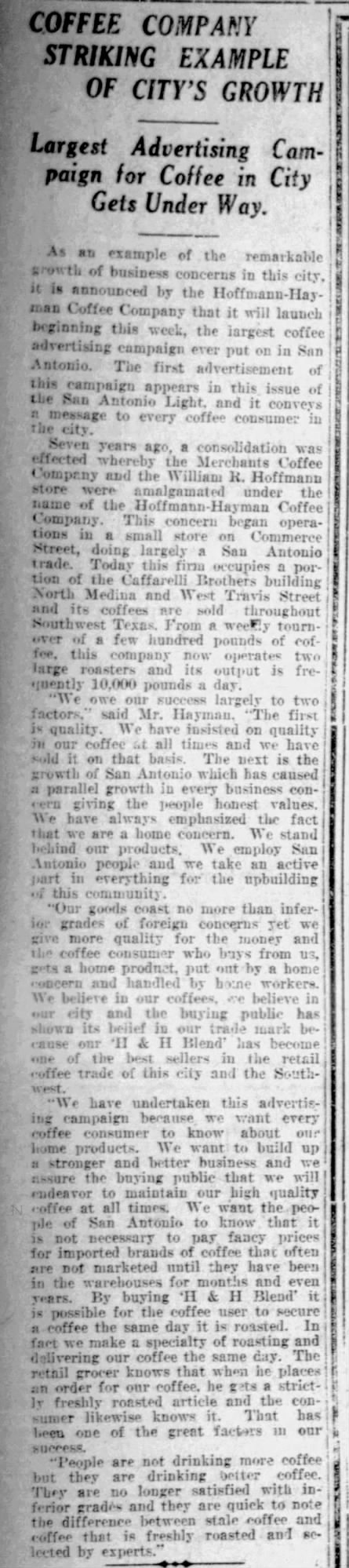 News column — Hoffmann-Hayman advertising campaign; San Antonio Light, 11 Nov 1919, page 10