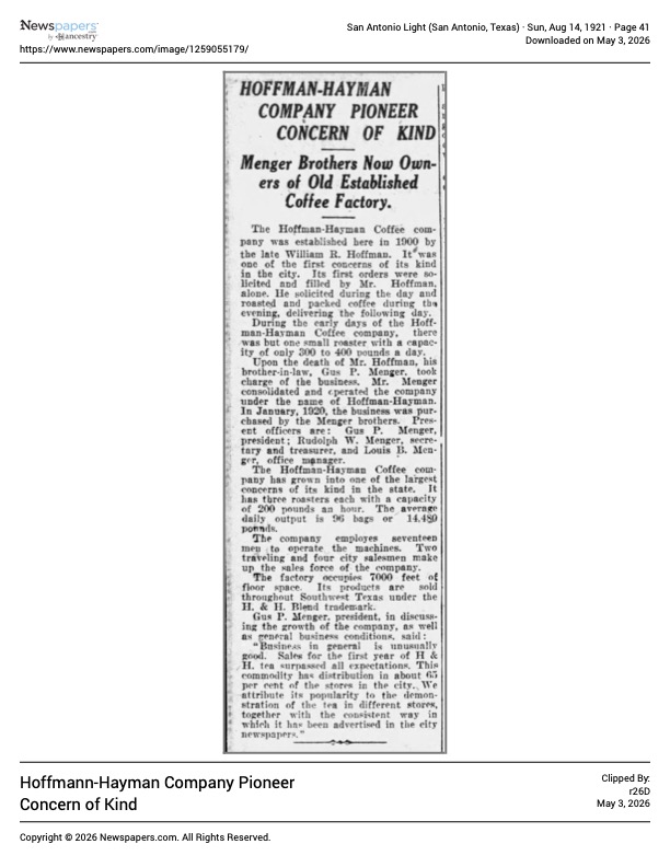 San Antonio Light — Hoffmann-Hayman pioneer concern profile, 14 August 1921