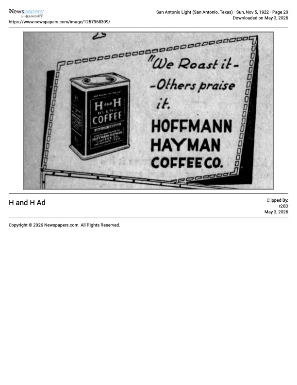 San Antonio Light — H and H Blend display advertisement, 5 November 1922