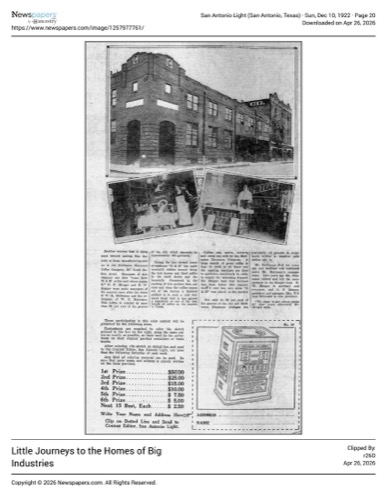 “Little Journeys” feature — plant exterior, interior shots, and H and H contest tin line art; San Antonio Light, 10 Dec 1922, page 20