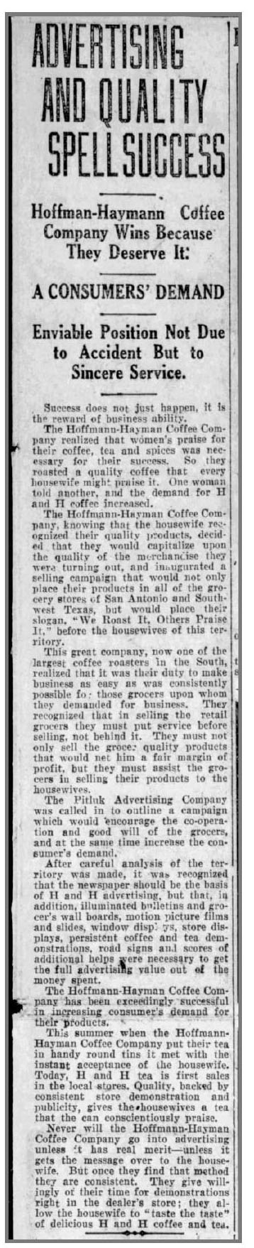 Column article — H and H advertising, quality, and grocer trade; San Antonio Light, 26 Aug 1923, page 65