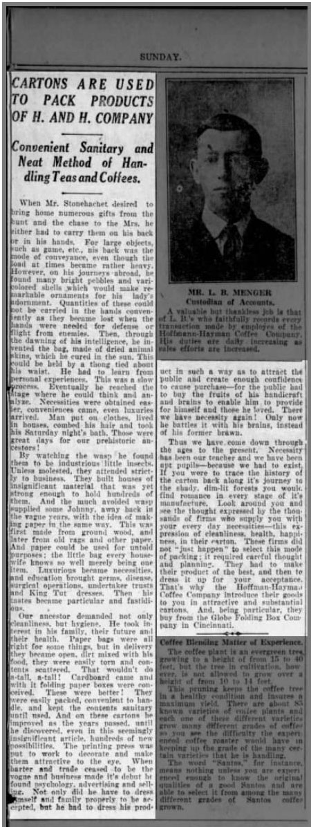 Article on cartons, teas, and coffees; portrait L. B. Menger; San Antonio Light, 26 Aug 1923, page 63