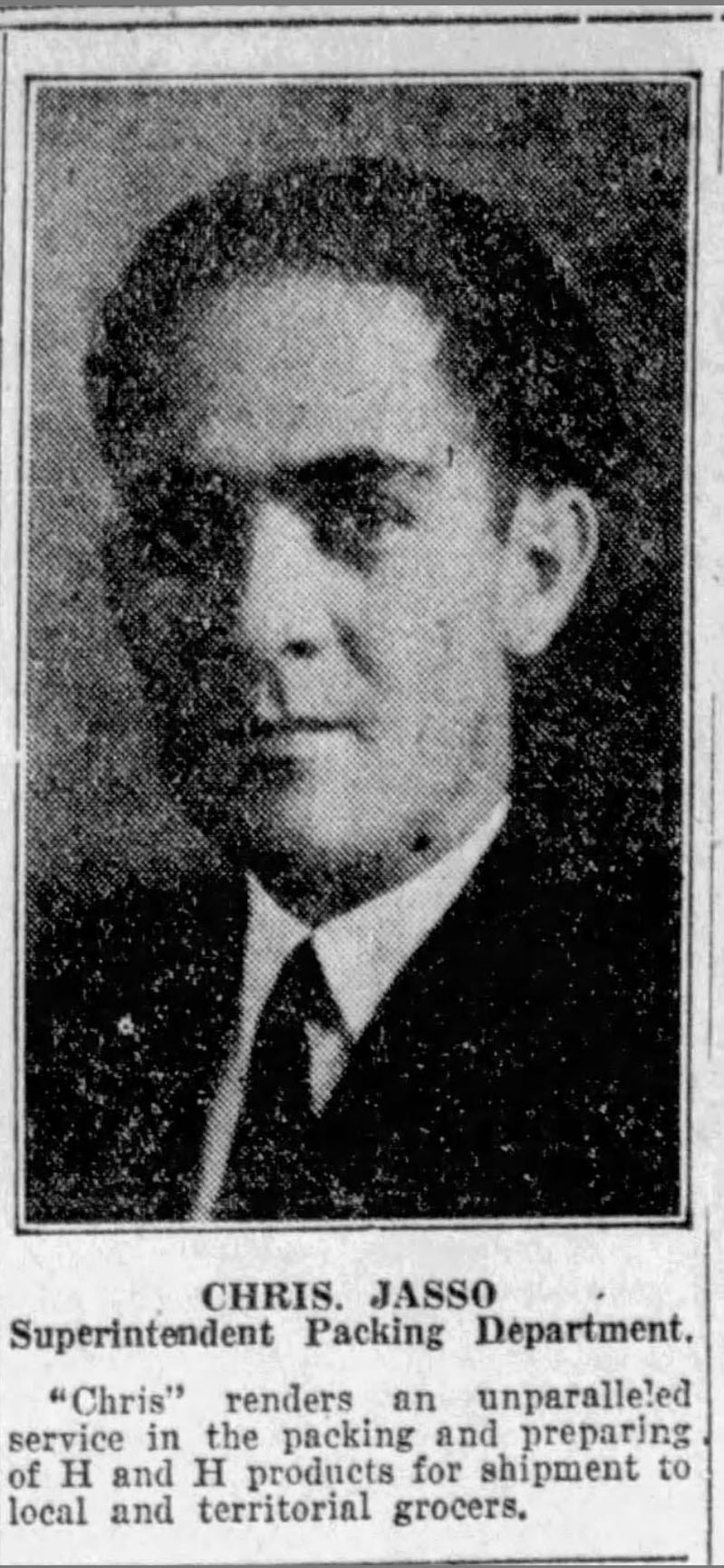 Portrait and cutline — Chris Jasso, packing department; San Antonio Light, 26 Aug 1923, page 62