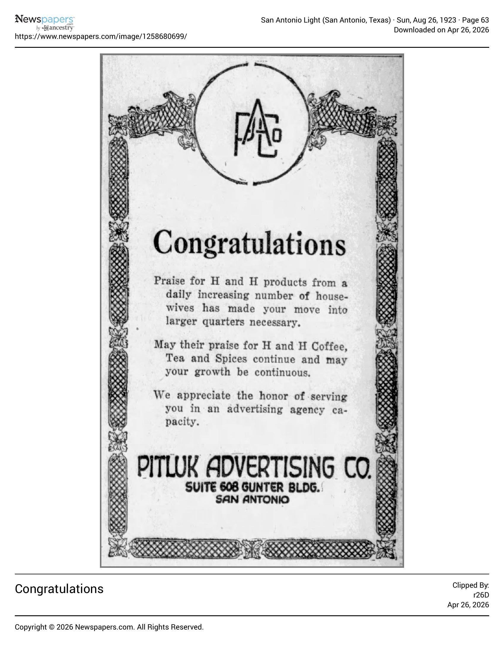 Display ad from Pitluk Advertising Co. to Hoffmann-Hayman; San Antonio Light, 26 Aug 1923, page 63