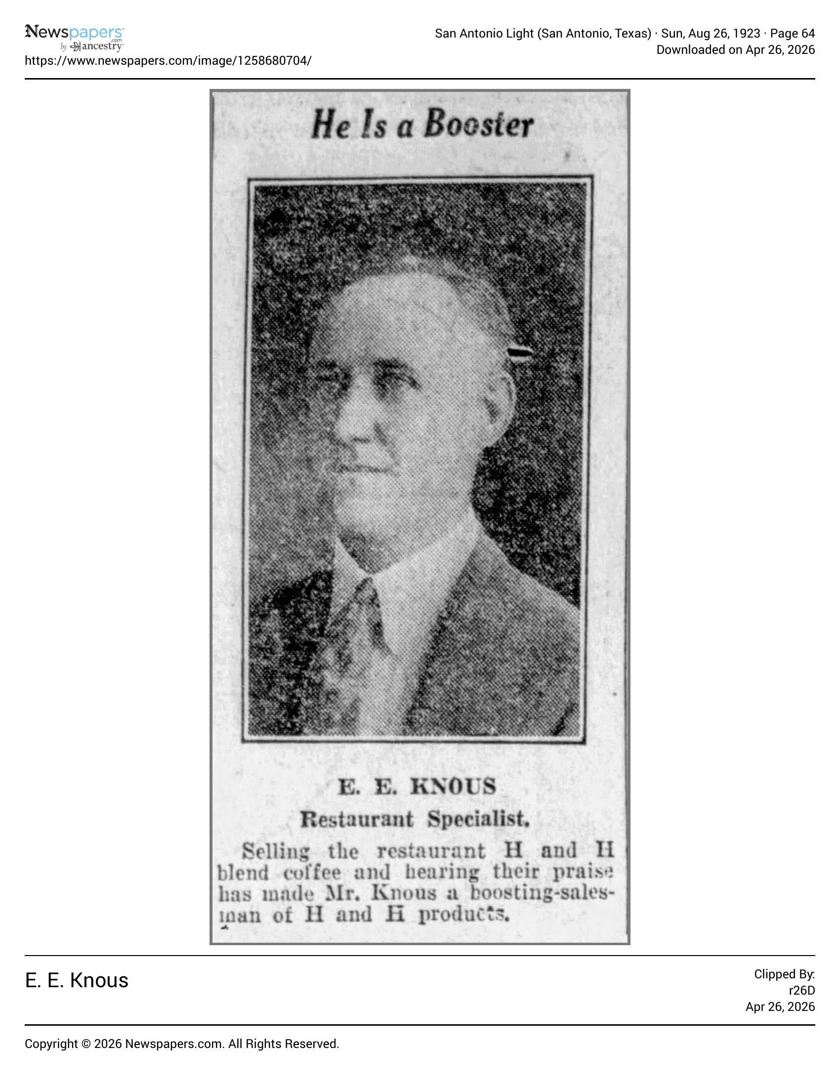 Portrait and cutline — E. E. Knous; San Antonio Light, 26 Aug 1923, page 64