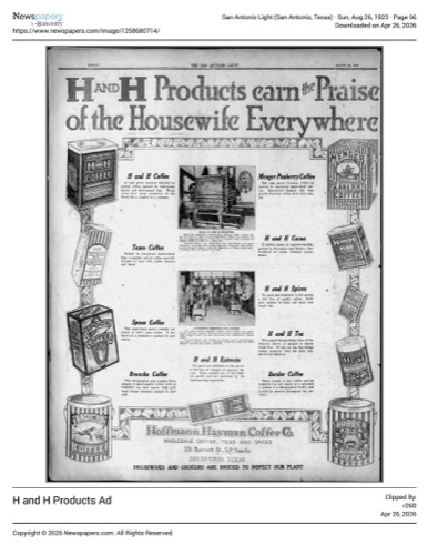 Full display — H and H products, factory photos, and line list; San Antonio Light, 26 Aug 1923, page 66