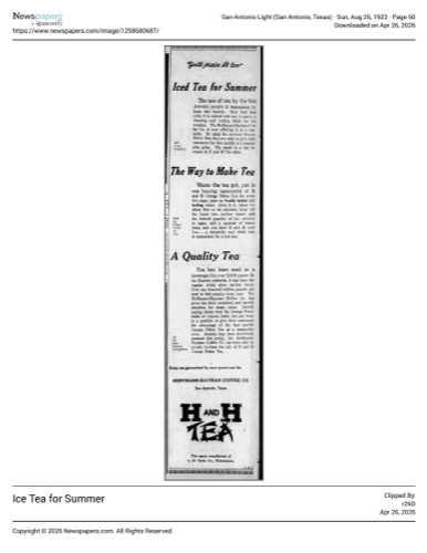 Display ad — H and H Orange Pekoe tea for iced tea; San Antonio Light, 26 Aug 1923, page 60