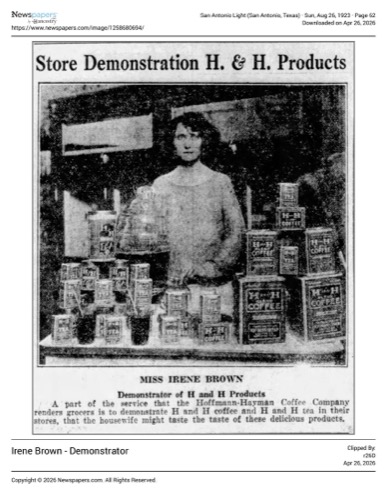 In-store demonstration — Miss Irene Brown with H and H products; San Antonio Light, 26 Aug 1923, page 62