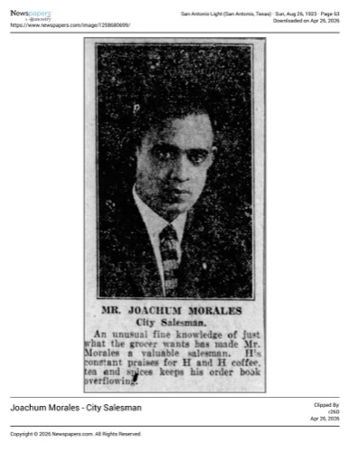 Portrait and bio — Mr. Joachum Morales, city salesman; San Antonio Light, 26 Aug 1923, page 63