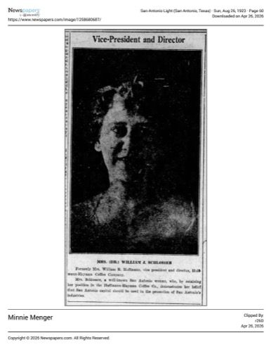Portrait — Mrs. (Dr.) William J. Schlosser, vice-president and director; San Antonio Light, 26 Aug 1923, page 60