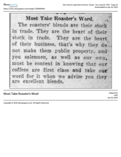 Short item on roasters’ proprietary blends, San Antonio Light, 26 Aug 1923, page 63