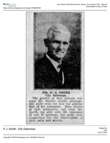 Portrait and sales blurb for P. J. Smith; San Antonio Light, 26 Aug 1923, page 65