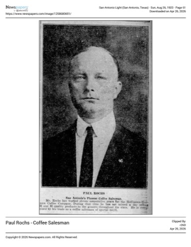 Portrait and biography of Paul Rochs; San Antonio Light, 26 Aug 1923, page 61