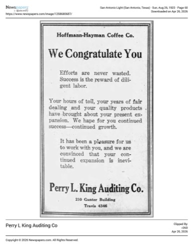 B-to-b congratulatory ad from Perry L. King Auditing Co.; San Antonio Light, 26 Aug 1923, page 60