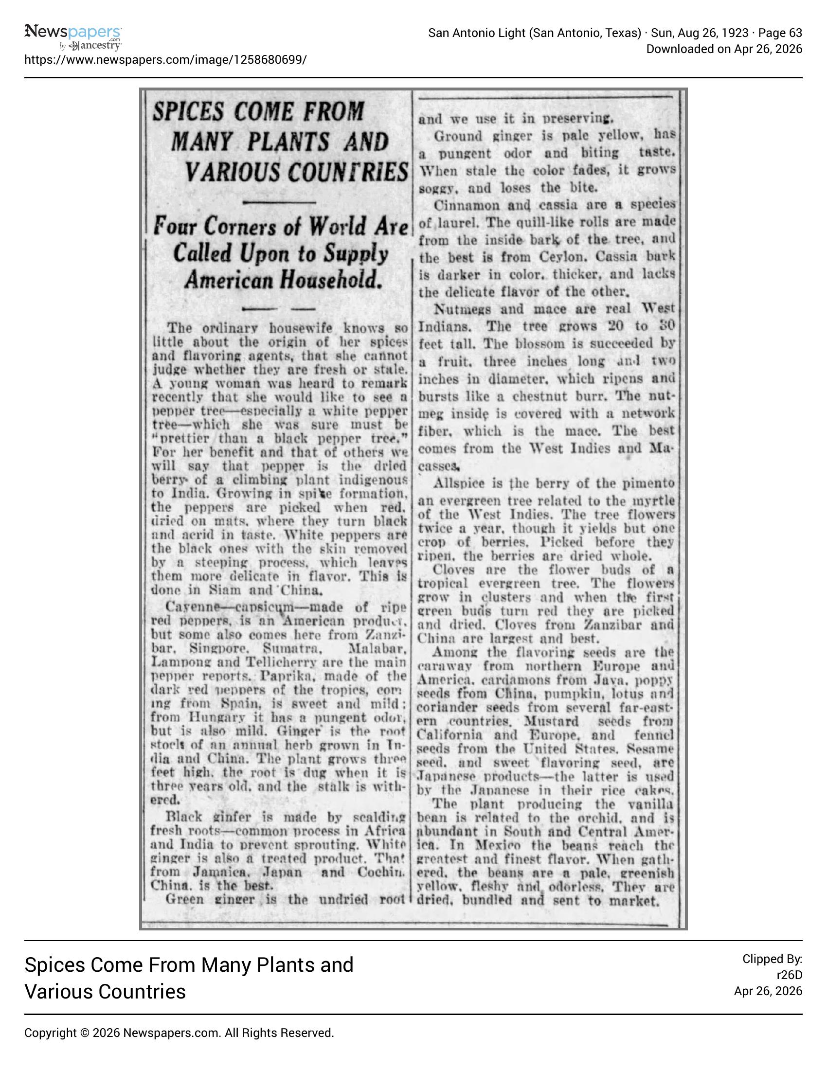 Two-column feature “Spices Come From Many Plants and Various Countries” with subhead on world sources; San Antonio Light, 26 Aug 1923, page 63
