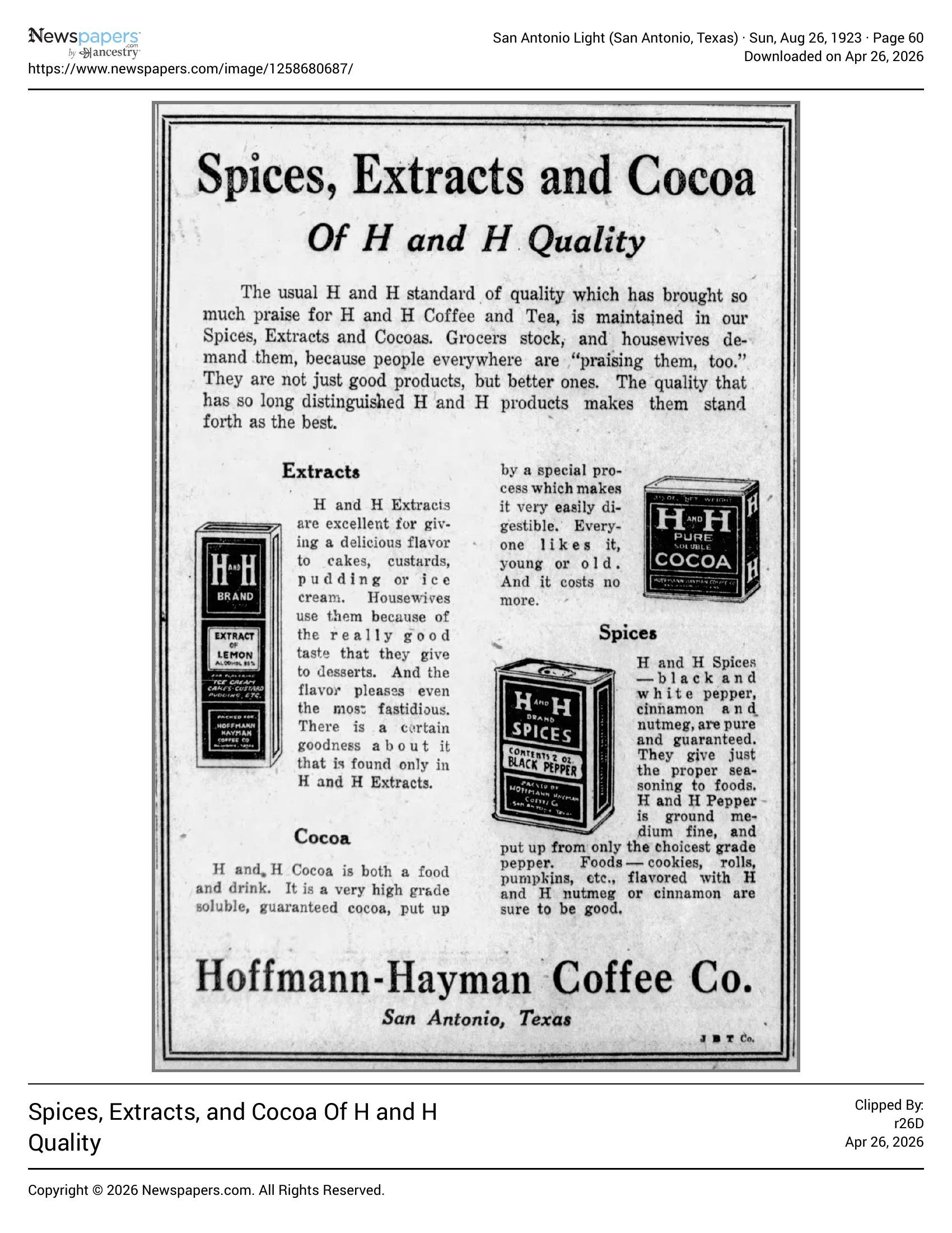 Bordered display ad for H and H spices, extracts, and cocoa with pack illustrations; San Antonio Light, 26 Aug 1923, page 60