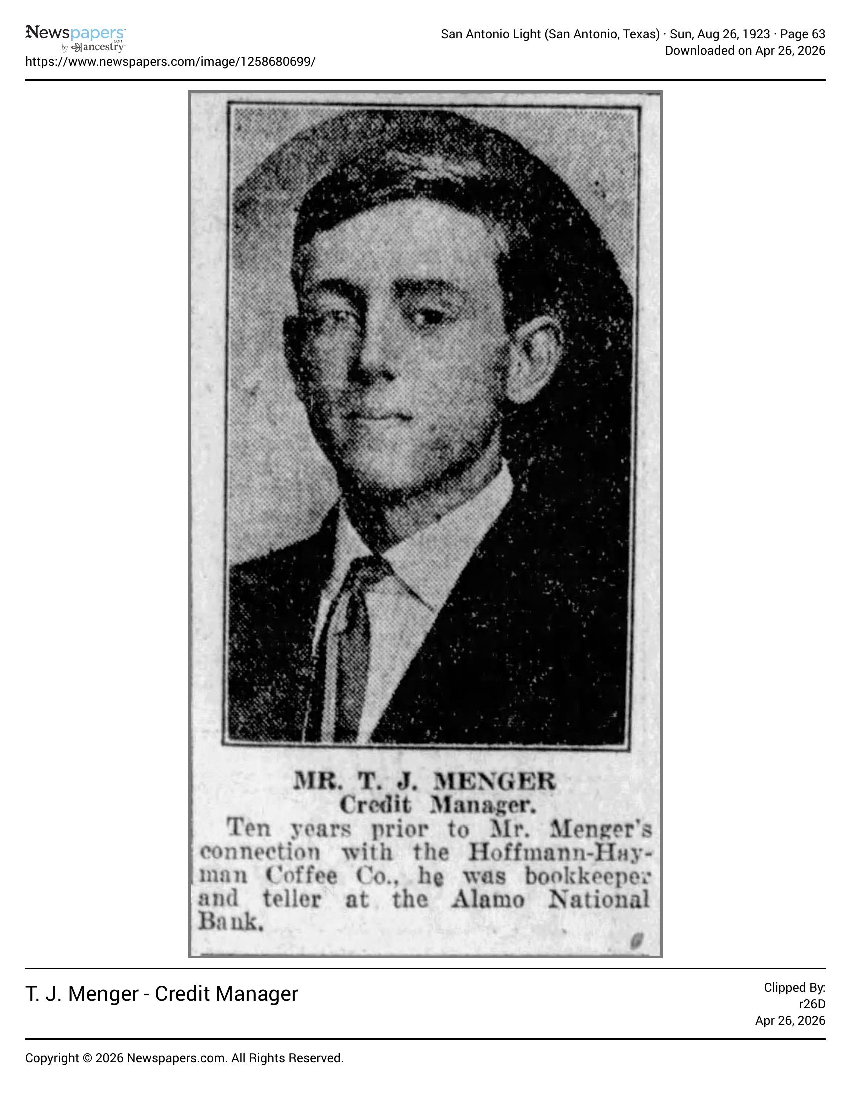 Portrait of T. J. Menger, credit manager; San Antonio Light, 26 Aug 1923, page 63