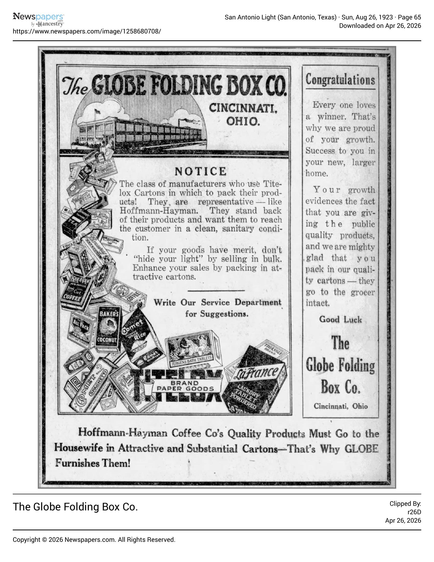 B2B ad: Globe cartons, Titelox, pile of product boxes; San Antonio Light, 26 Aug 1923, page 65