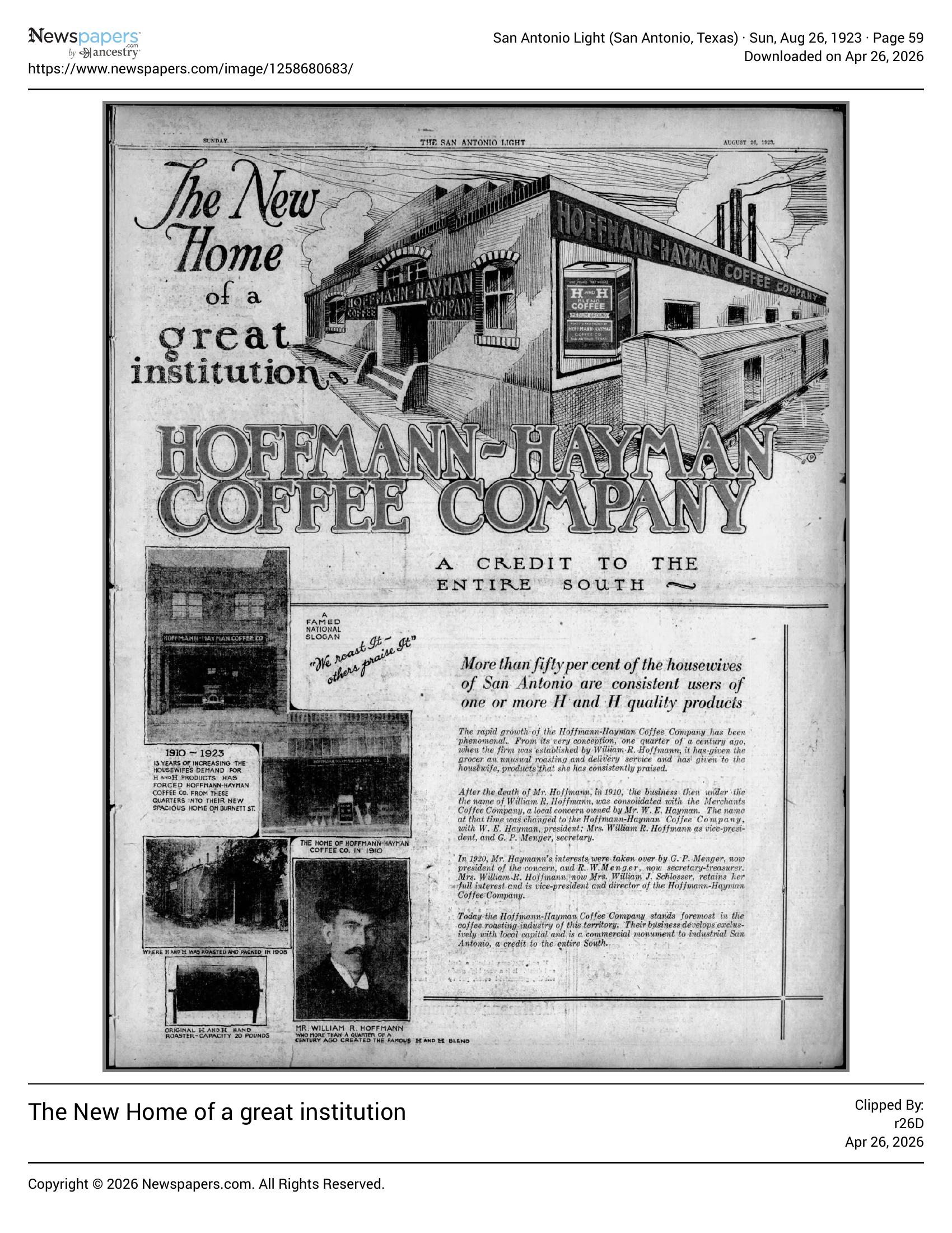 Full-page: new plant, 1905/1910 insets, Wm. R. Hoffmann portrait; San Antonio Light, 26 Aug 1923, page 59