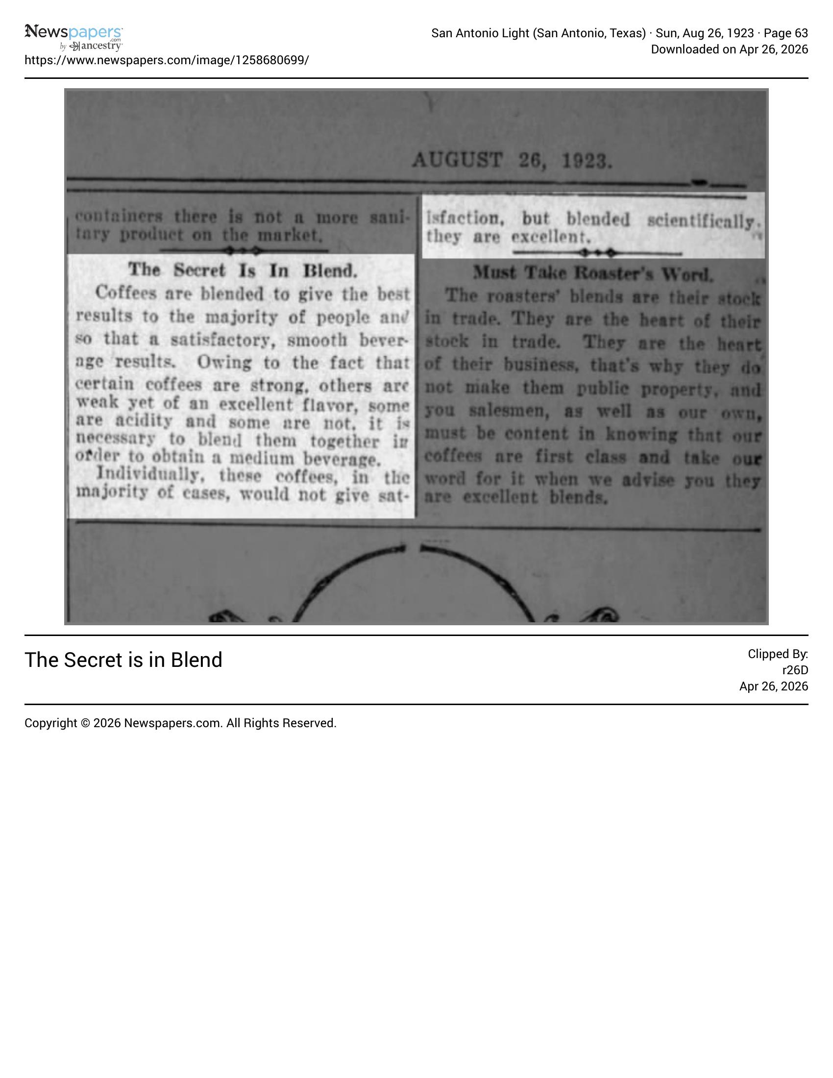 Two-column clip: The secret is in blend; San Antonio Light, 26 Aug 1923, page 63