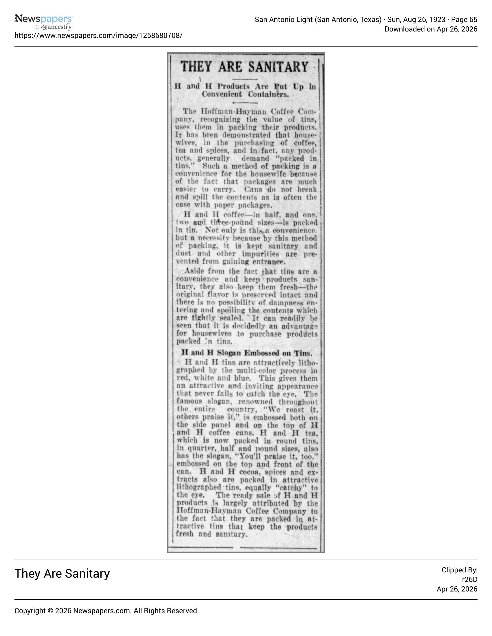 Column: They are sanitary; tin sizes and slogans; San Antonio Light, 26 Aug 1923, page 65