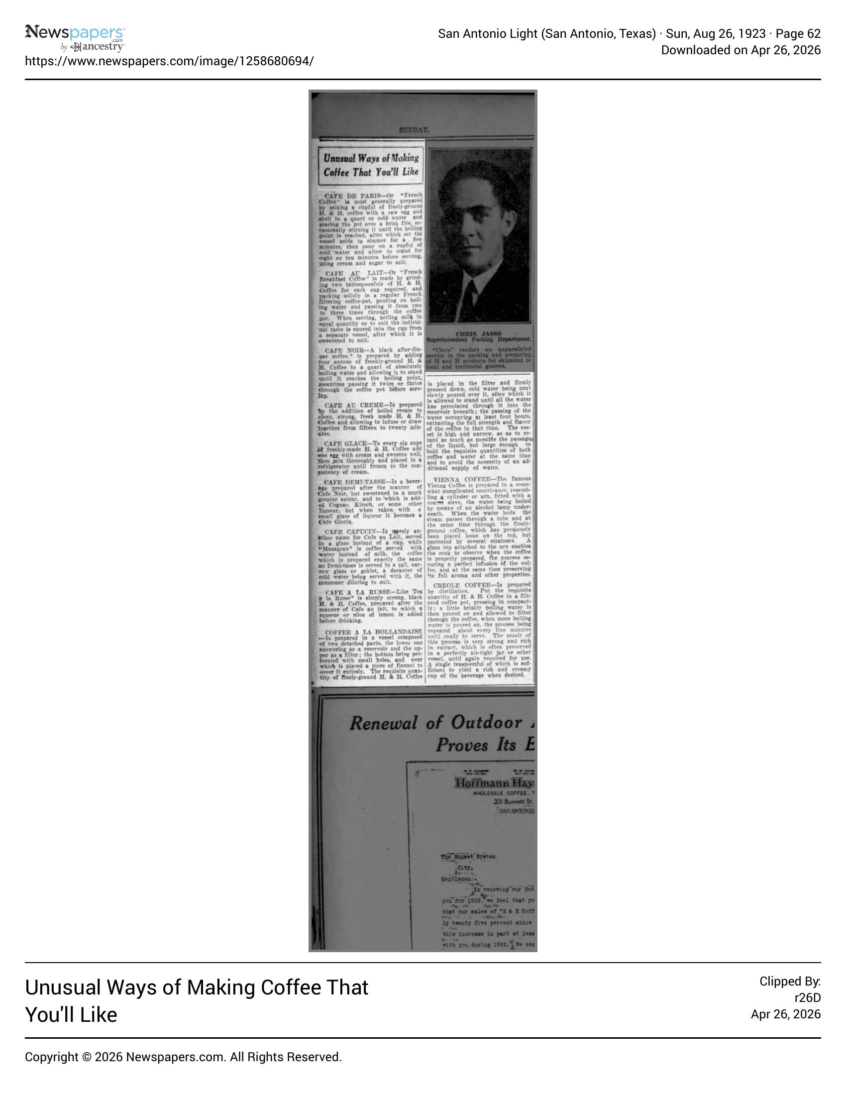 Jasso portrait; column of coffee "recipes"; outdoor ad letter; San Antonio Light, 26 Aug 1923, page 62