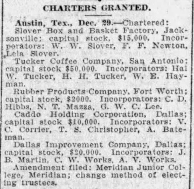 State charters digest — Tucker Coffee Company, San Antonio; incorporators include W. E. Hayman — San Antonio Light, 29 Dec 1923, page 9