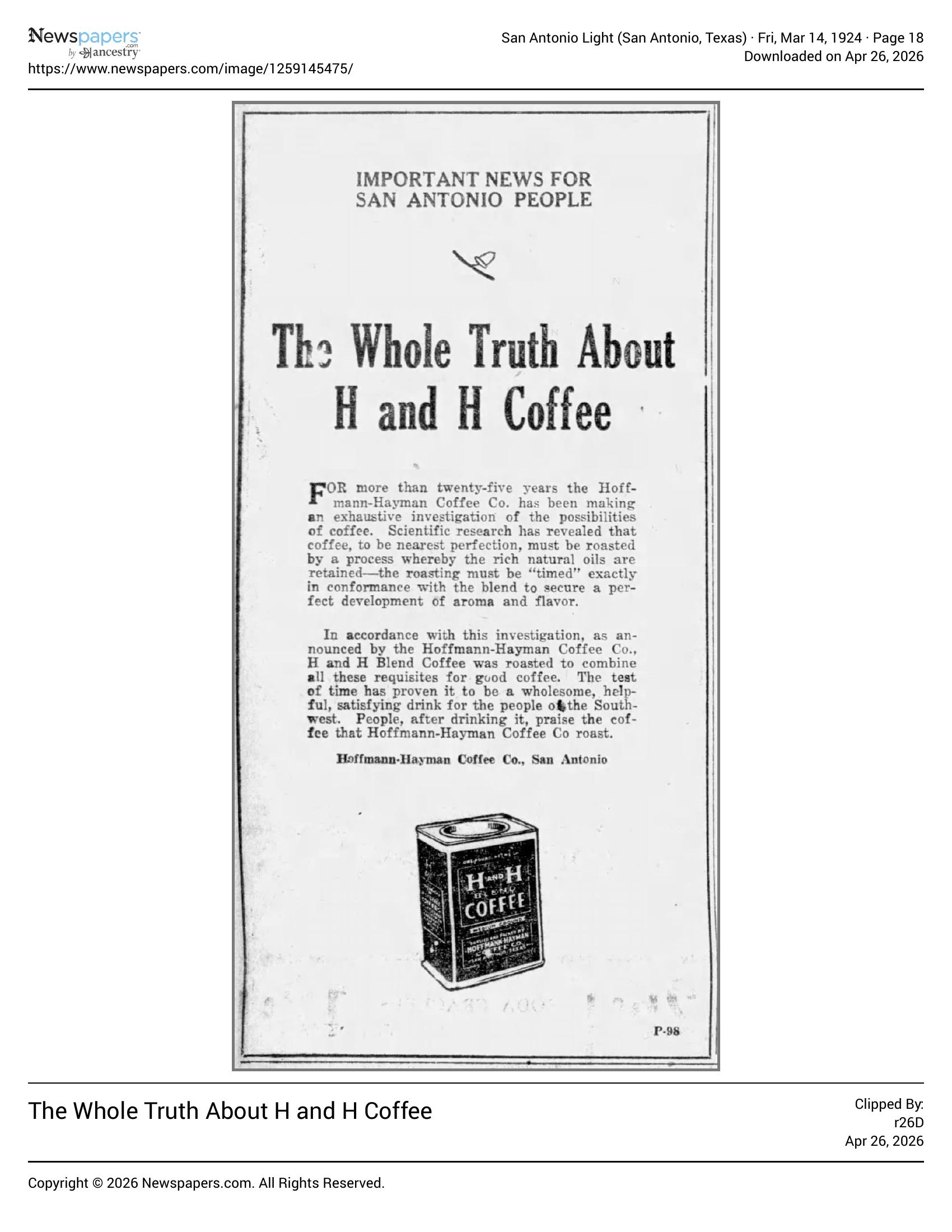 H and H display: "Important news for San Antonio people"; 14 Mar 1924, page 18