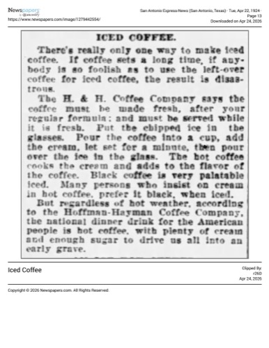 Household column — Iced Coffee; San Antonio Express-News, 22 Apr 1924, page 13