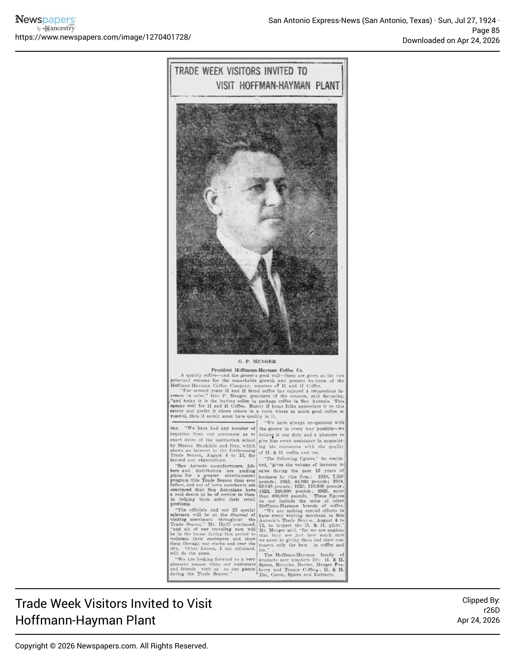 Head: Trade week visitors; G. P. Menger portrait; sales tonnage; Express-News, 27 Jul 1924, page 85