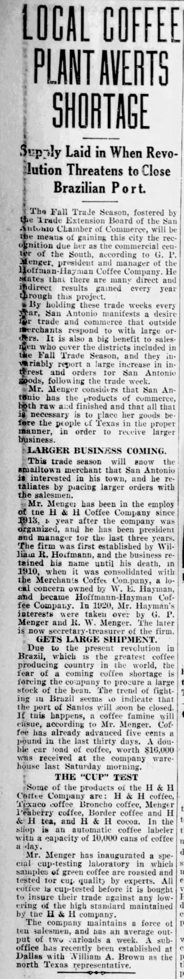 Local Coffee Plant Averts Shortage — San Antonio Light, 3 August 1924