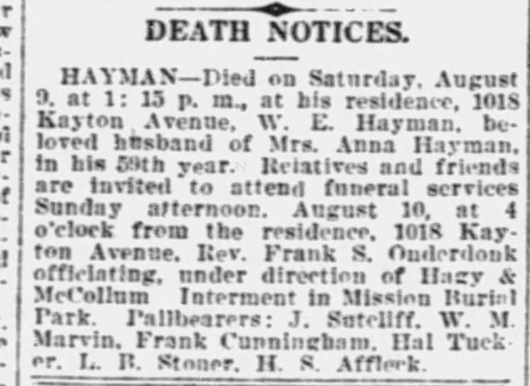 Boxed "DEATH NOTICES." column running the HAYMAN notice — died Saturday August 9 at 1:15 p.m. at 1018 Kayton Avenue, in his 59th year; funeral August 10 at the residence under Rev. Frank S. Onderdonk; interment Mission Burial Park — *San Antonio Express-News*, 10 Aug 1924, p. 30