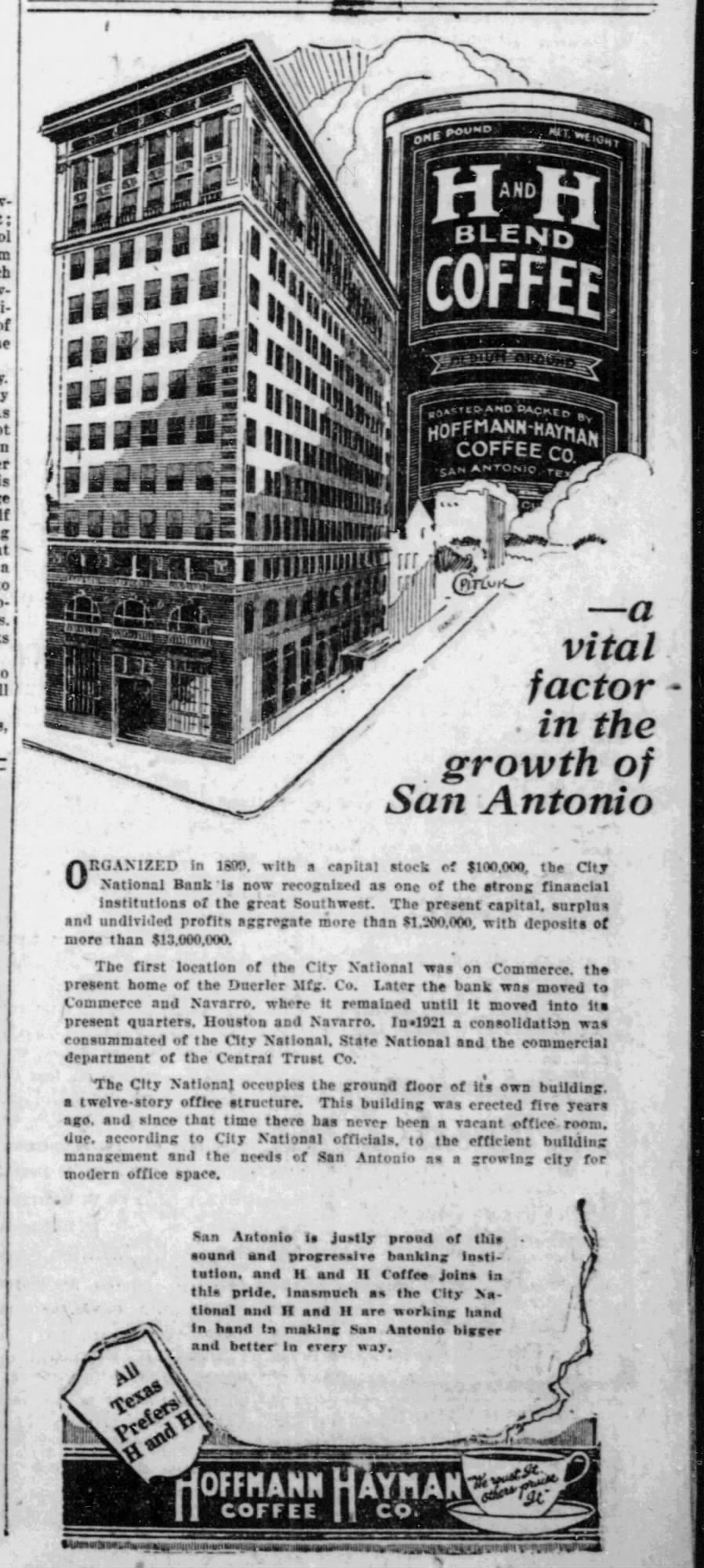 Cooperative newspaper ad — City National Bank history plus H and H Coffee tag — Express-News, 16 Dec 1924, page 13