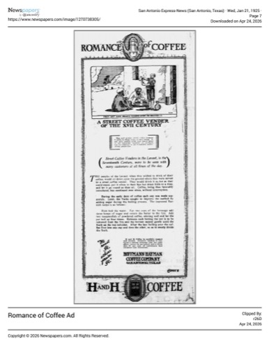 “Romance of Coffee” illustrated ad with Levant street-vendor scene; San Antonio Express-News clip dated 21 Jan 1925, page 7