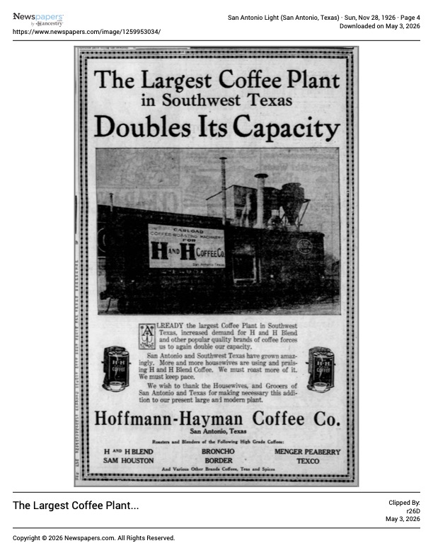 San Antonio Light — largest coffee plant capacity ad, 28 November 1926