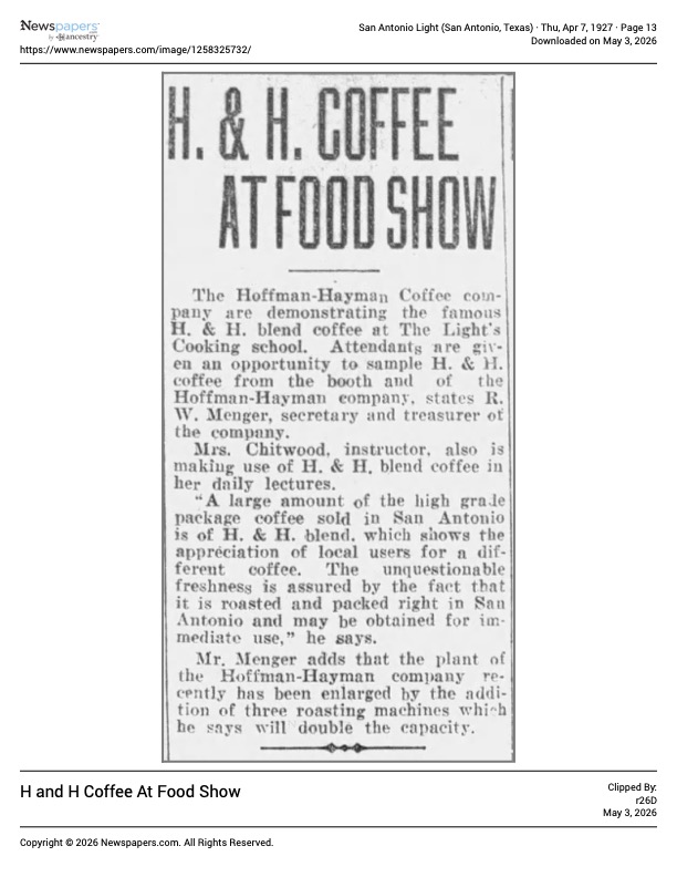 San Antonio Light — H. & H. Coffee at food show, 7 April 1927