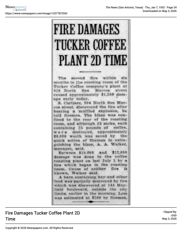 The News (San Antonio) — Tucker Coffee plant fire, 7 January 1932