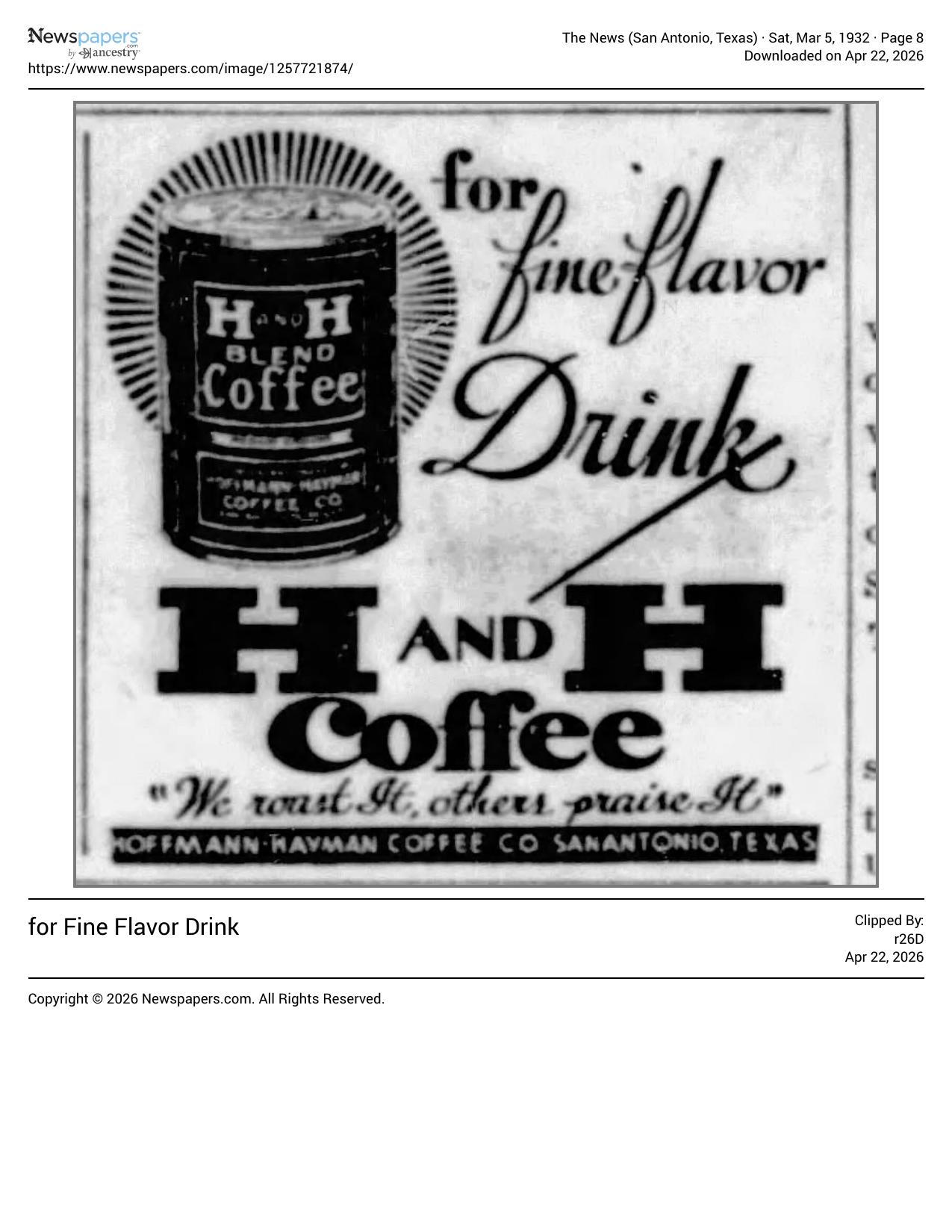 For fine-flavor drink H and H Coffee display ad — The News, 5 Mar 1932, page 8, tin art and block H AND H wordmark