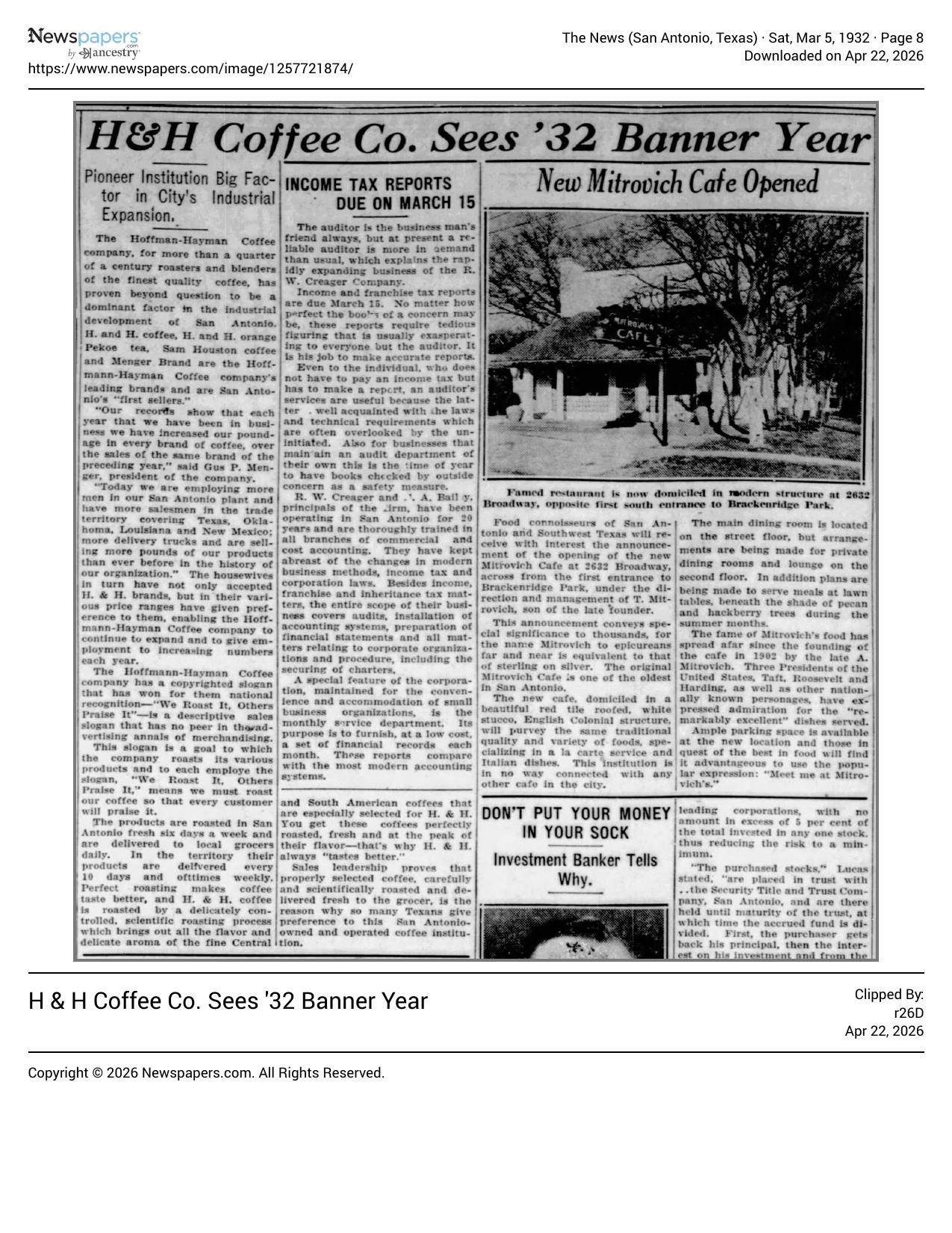 H & H Coffee Co. Sees '32 Banner Year — The News, 5 Mar 1932, page 8 (lead story, adjacent columns, Mitrovich Cafe photo)