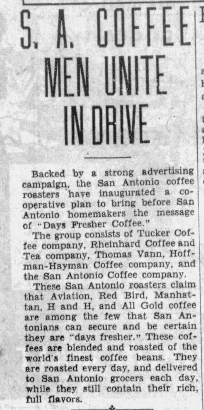 Newspaper column — headline “S. A. COFFEE MEN UNITE IN DRIVE,” body on cooperative “Days Fresher Coffee” campaign listing roasters including Hoffman-Hayman